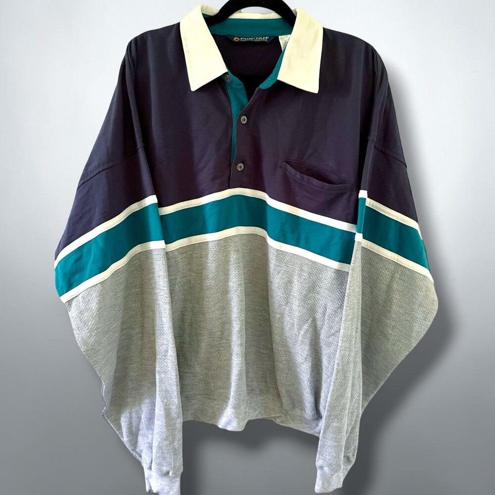Men's Vintage Puritan Banded Bottom Striped Colorblock Polo Rugby Shirt 2XL XXL
